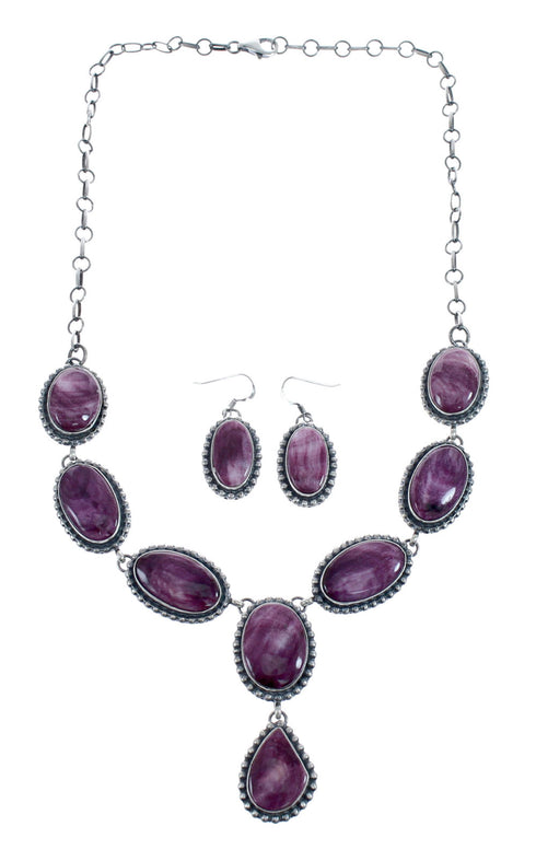 Purple Oyster Shell Genuine Sterling Silver Navajo Link Necklace Set JX127025